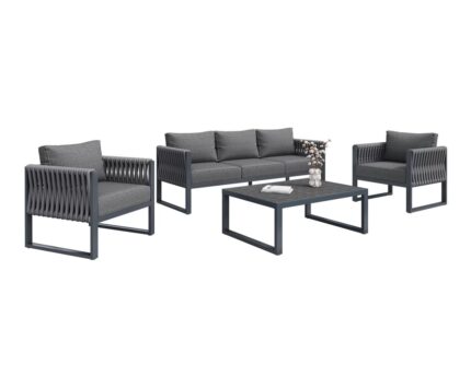 Salon de Jardin 5 Places - Canapé, Fauteuils et Table, Mobilier Extérieur avec Structure Métallique et Coussins Gris