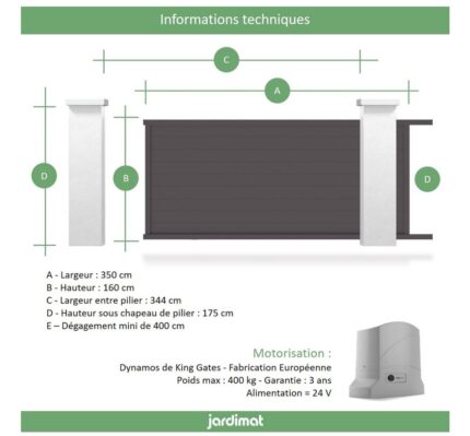 Portail Jardimat coulissant motorisé aluminium Alpes gris antique - 350 x h.160 cm