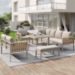 Salon de Jardin Modulable 5 Pièces - Canapé d'Angle, Coussins Inclus et Table Basse, Structure Métallique pour Terrasse - Beige – Image 3